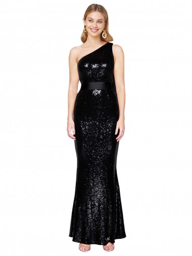 Discount Draped One Shoulder Long Full Length Formal Sequin Bridesmaid Dress / Prom Dress