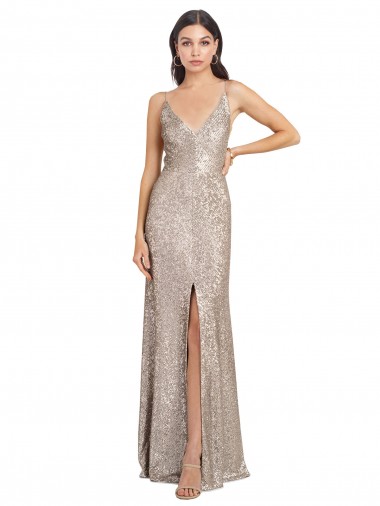 Discount V-Neck Fully Sequin Formal Bridesmaid Dress / Prom Dress with V-Back and Front Slit