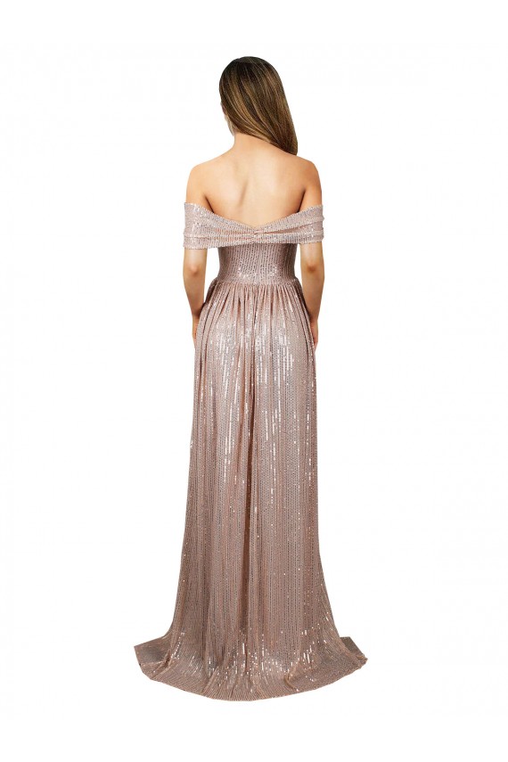 Discount Strapless Scoop Neck Off the Shoulder Long Formal Sequin Bridesmaid Dress / Prom Dress with High Slit