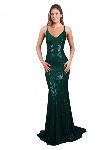 Discount Fishtail Shaped V-Neck Open Back Long Formal Sequin Bridesmaid Dress / Prom Dress