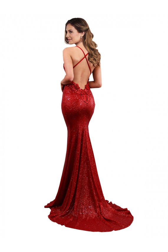 Discount Low Back Mermaid V-Neck Long Formal Sequin Bridesmaid Dress / Prom Dress