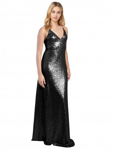 Discount Full Length A-Line Formal Sequin Bridesmaid Dress / Prom Dress with Spaghetti Straps V-Neckline