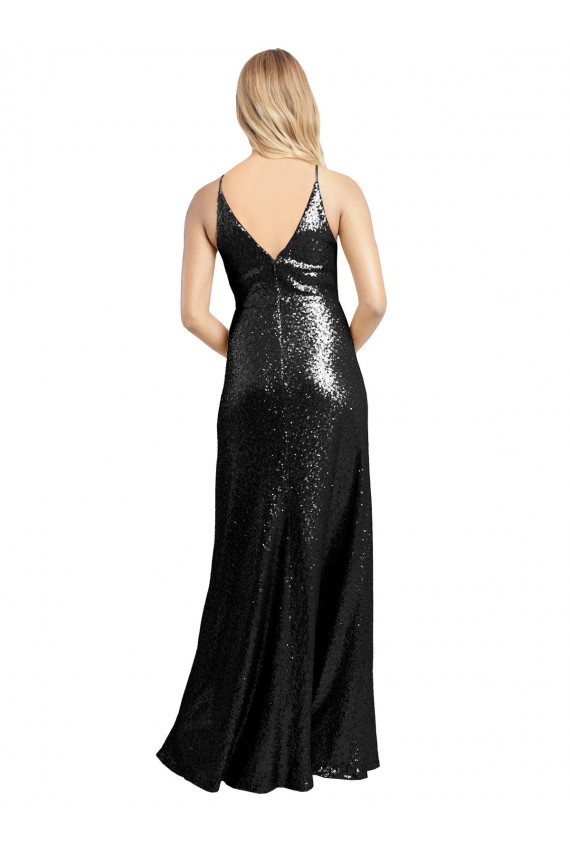 Discount Full Length A-Line Formal Sequin Bridesmaid Dress / Prom Dress with Spaghetti Straps V-Neckline