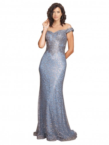 Discount Off the Shoulder Sweetheart Neckline Formal Sequin Bridesmaid Dress / Prom Dress with Thigh High Slit