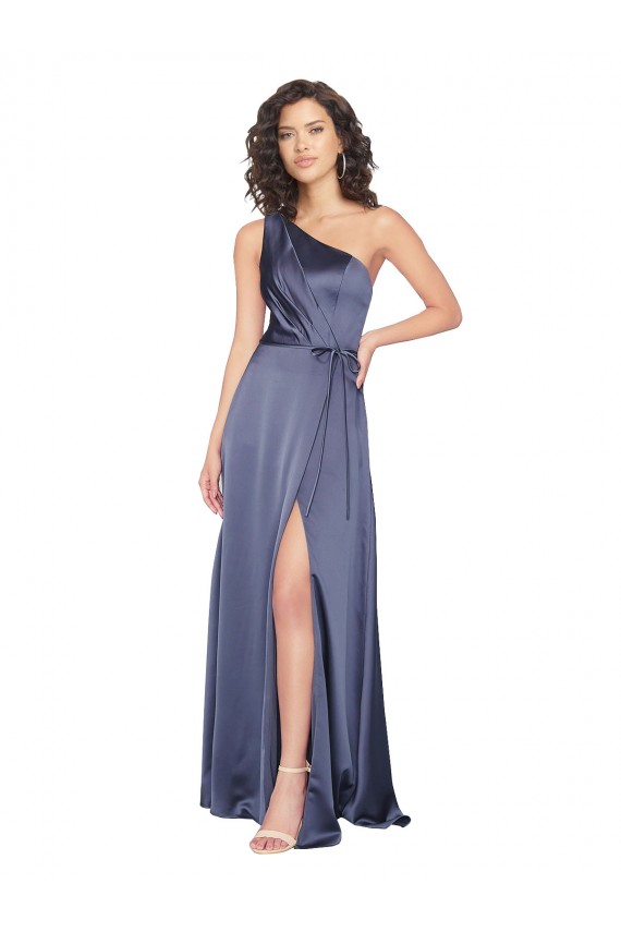 Discount Draped Formal Silky Satin Bridesmaid Dress / Prom Dress with Tied Waist