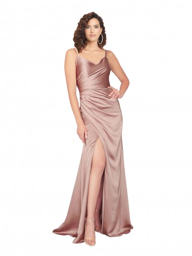 Discount Floor Length Formal Silky Satin Bridesmaid Dress / Prom Dress with Front Skirt Slit