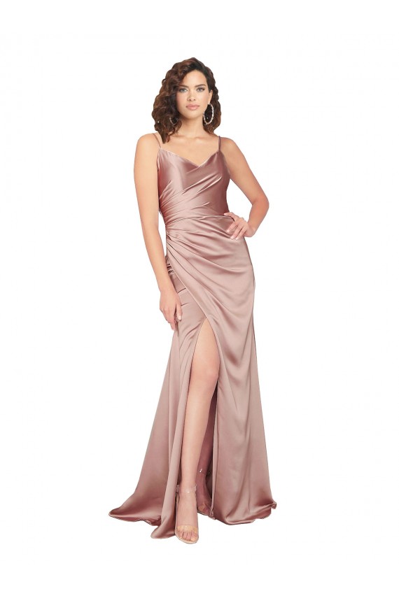 Discount Floor Length Formal Silky Satin Bridesmaid Dress / Prom Dress with Front Skirt Slit