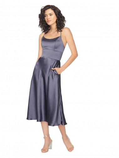 Discount Midi Cocktail Length Silky Satin Bridesmaid Dress / Prom Dress with Open Tied Back & Pockets