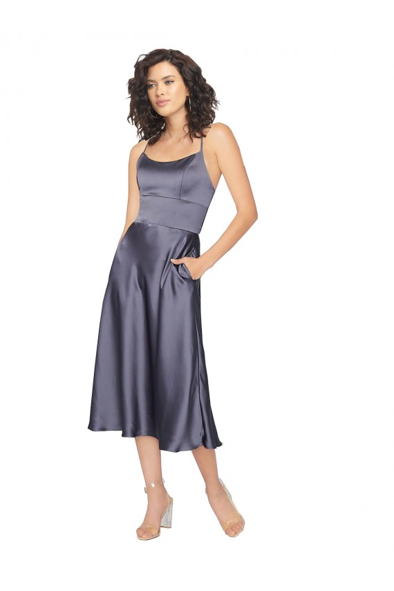Discount Midi Cocktail Length Silky Satin Bridesmaid Dress / Prom Dress with Open Tied Back & Pockets