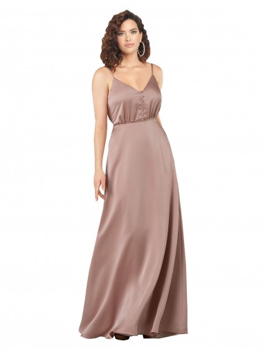 Discount Subtle V-Neckline Formal Silky Satin Bridesmaid Dress with Front Button Detail