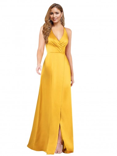 Discount Halter A-Line Formal Silky Satin Bridesmaid Dress / Prom Dress with V-Neckline and Slit