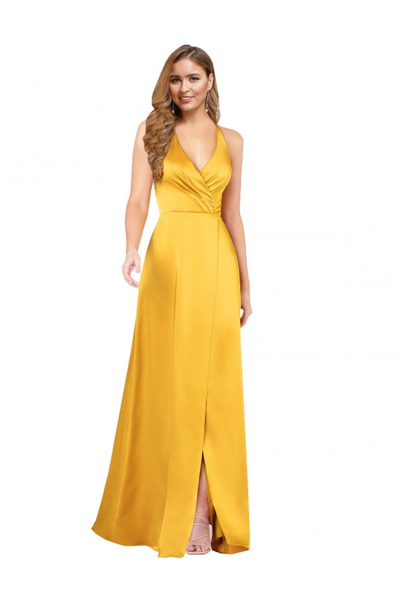 Discount Halter A-Line Formal Silky Satin Bridesmaid Dress / Prom Dress with V-Neckline and Slit