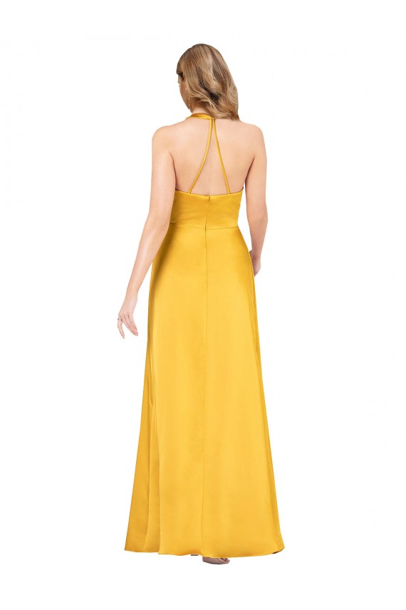 Discount Halter A-Line Formal Silky Satin Bridesmaid Dress / Prom Dress with V-Neckline and Slit