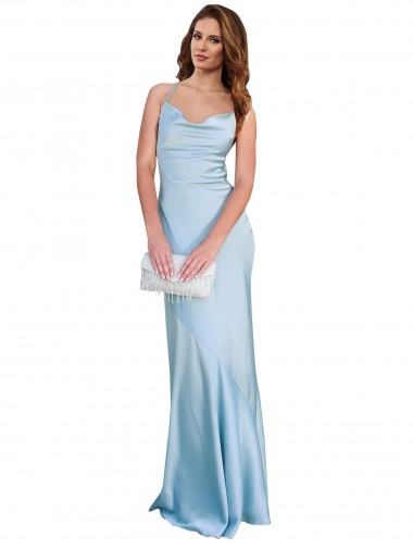 Discount Open Back with Ties Cowl Neck Sheath Formal Silky Satin Long Bridessmaid Dress