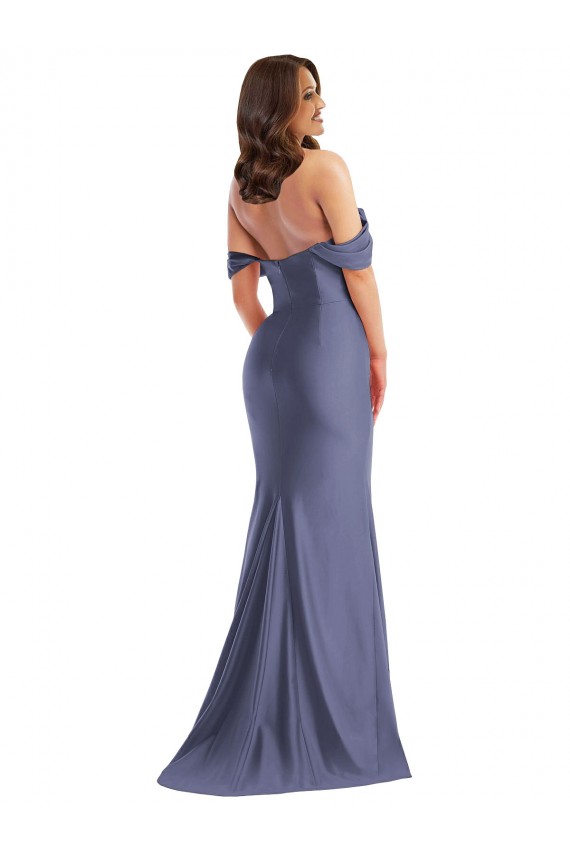 Discount Off the Shoulder Corset Formal Silky Satin Mermaid Bridesmaid Dress / Prom Dress with Side Slit