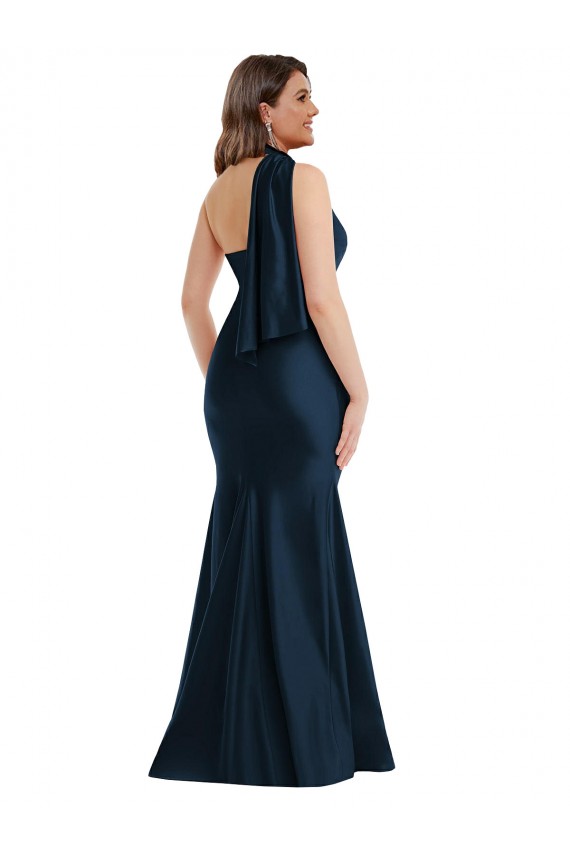 Discount Scarf Neck One Shoulder Formal Silky Satin Mermaid Bridesmaid Dress / Prom Dress with Front Slit