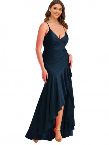 Discount Pleated Wrap Ruffled High Low Formal Silky Satin Bridesmaid Dress / Prom Dress