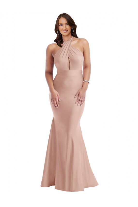 Discount Criss Cross Halter Open Back Formal Silky Satin Mermaid Bridesmaid Dress / Prom Dress