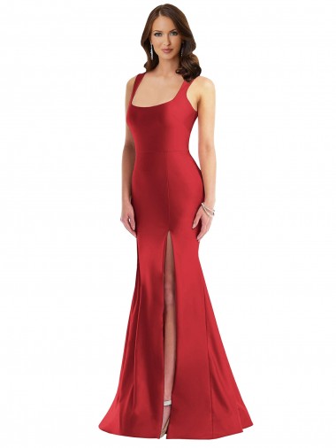 Discount Square Neck Formal Silky Satin Mermaid Bridesmaid Dress / Prom Dress with Side Slit