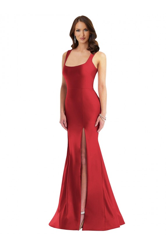 Discount Square Neck Formal Silky Satin Mermaid Bridesmaid Dress / Prom Dress with Side Slit
