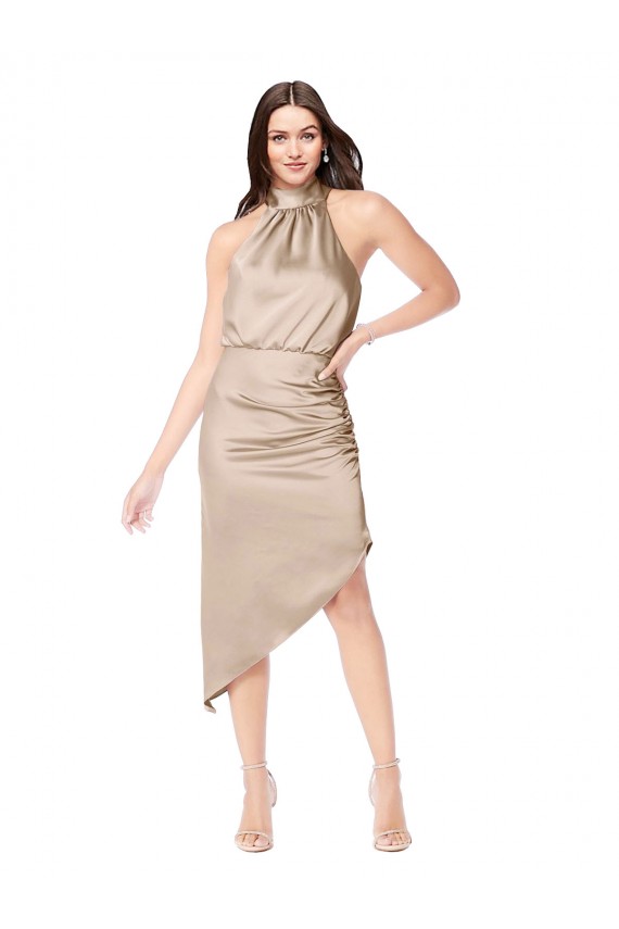 Discount Silky Satin High Low Midi Cocktail Length Bridesmaid Dress / Prom Dress with Asymmetric Skirt