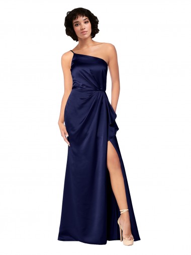 Discount One Shoulder Formal Silky Satin Bridesmaid Dress / Prom Dress with Skirt Slit