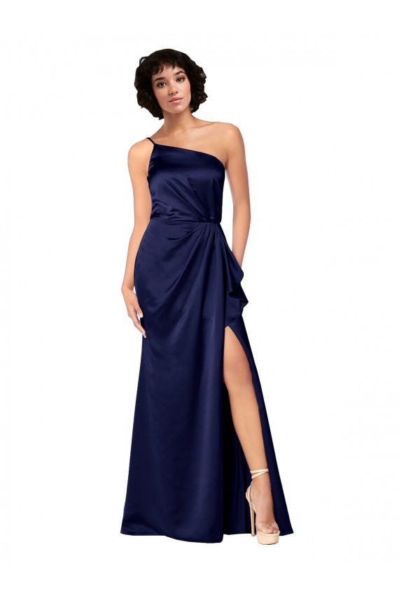 Discount One Shoulder Formal Silky Satin Bridesmaid Dress / Prom Dress with Skirt Slit