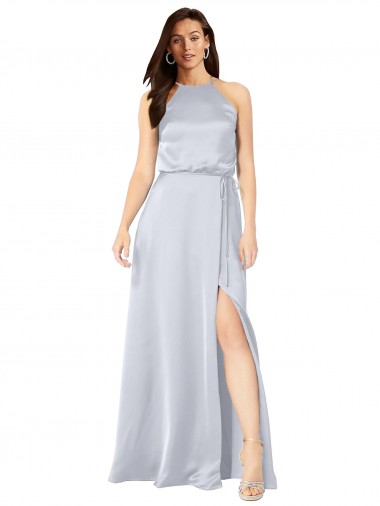 Discount Halter Neck Formal Silky Satin Bridesmaid Dress with Strappy Back