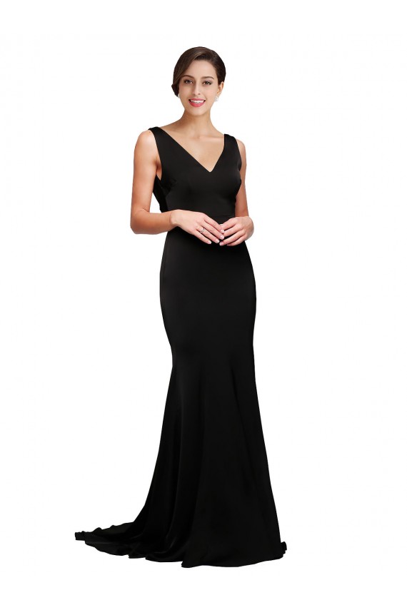 Discount V-Neck Full Length Formal Silky Satin Bridesmaid Dress / Prom Dress with Soft Cowl Neck and Sweep Train
