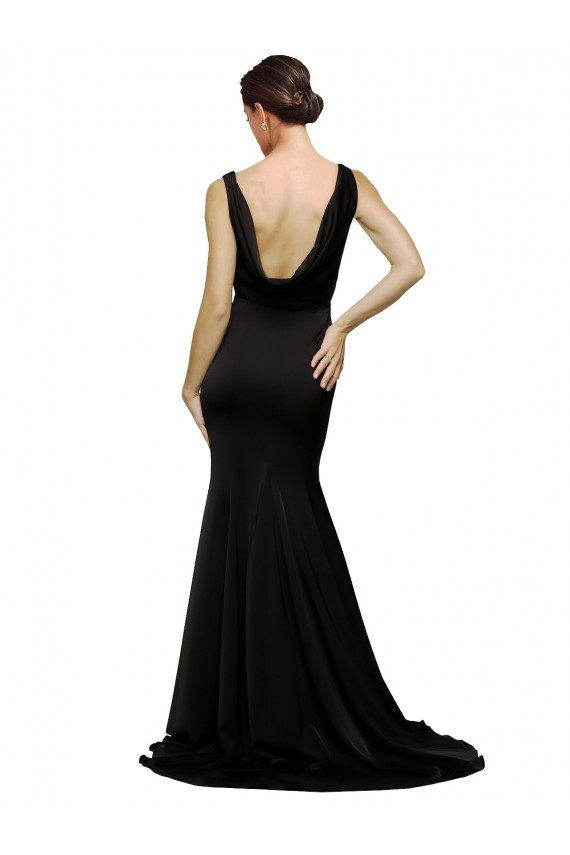 Discount V-Neck Full Length Formal Silky Satin Bridesmaid Dress / Prom Dress with Soft Cowl Neck and Sweep Train