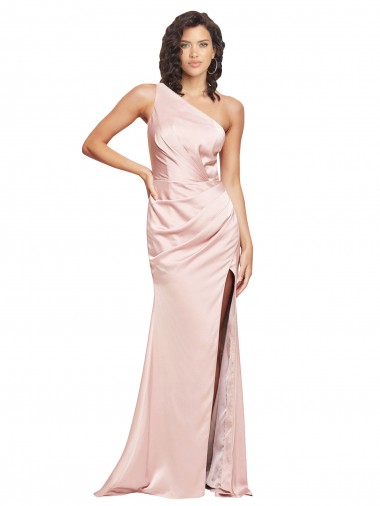 Discount Full Length Ruched Formal Silky Satin Bridesmaid Dress / Prom Dress with Low Back and High Split
