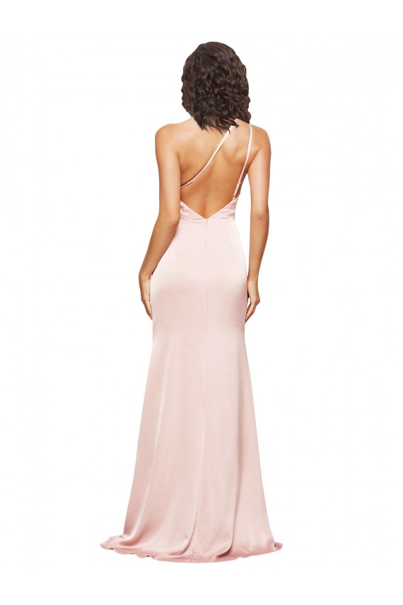 Discount Full Length Ruched Formal Silky Satin Bridesmaid Dress / Prom Dress with Low Back and High Split