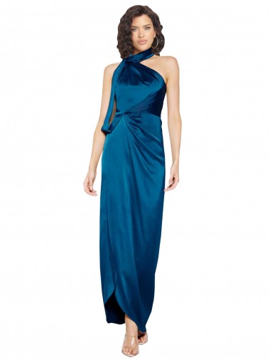Discount High Halter Neck Formal Silky Satin Bridesmaid Dress / Prom Dress with Sash Overlay and Side Split