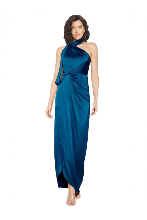 Discount High Halter Neck Formal Silky Satin Bridesmaid Dress / Prom Dress with Sash Overlay and Side Split
