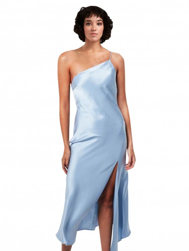 Discount Midi Length Short Formal Silky Satin Bridesmaid Dress / Cocktail Prom Dress with Asymmetric Neckline and High Side Split