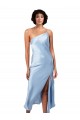 Discount Midi Length Short Formal Silky Satin Bridesmaid Dress / Cocktail Prom Dress with Asymmetric Neckline and High Side Split