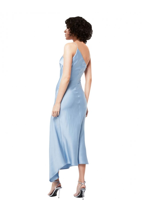 Discount Midi Length Short Formal Silky Satin Bridesmaid Dress / Cocktail Prom Dress with Asymmetric Neckline and High Side Split
