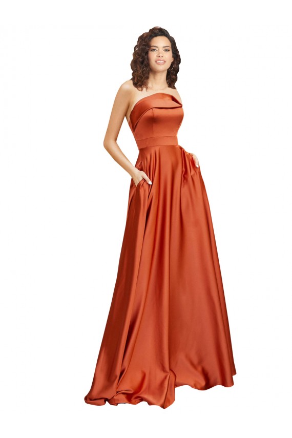 Discount Strapless Sweep Train Formal Silky Satin Bridesmaid Dress / Prom Dress with Pleats