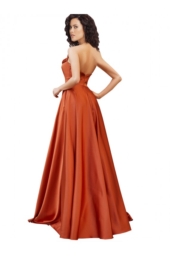 Discount Strapless Sweep Train Formal Silky Satin Bridesmaid Dress / Prom Dress with Pleats