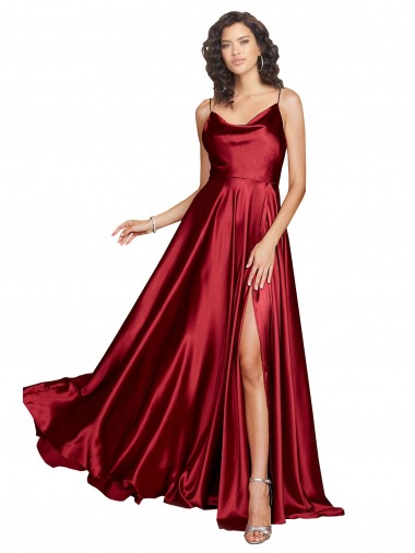 Discount Cowl Neckline Long Formal Silky Satin Bridesmaid Dress / Prom Dress with Spaghetti Straps