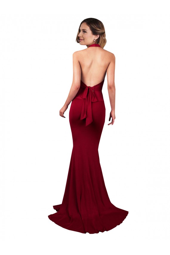Discount Halter Mermaid Plunge V-Neckline Open Back Bow Tie Formal Spandex Bridesmaid Dress / Prom Dress