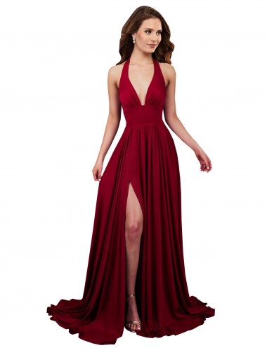 Discount A-Line Halter Plunge V-Neckline Open Back Formal Spandex Bridesmaid Dress / Prom Dress with Slit