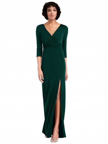 Discount Floor Length 3/4 Sleeves V-Back Draped Wrap Formal Maxi Spandex Bridesmaid Dress / Prom Dress