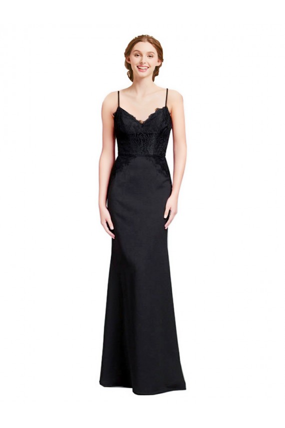 Discount Long Chiffon Bridesmaid Dress / Prom Dress with Lace Bodice and Curved V-Neckline