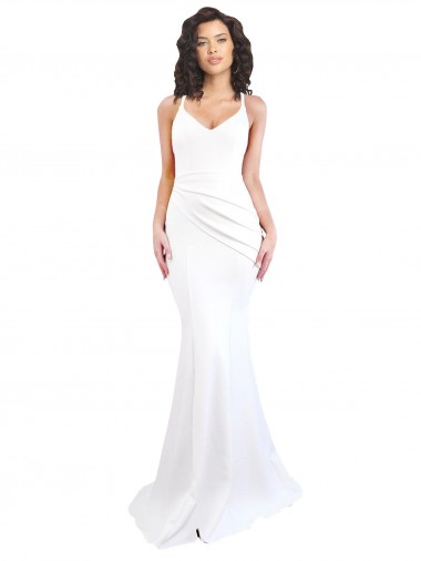 Discount Fishtail Shape Spaghetti Straps Open Back Formal Crepe Bridesmaid Dress / Prom Dress with Ruffles