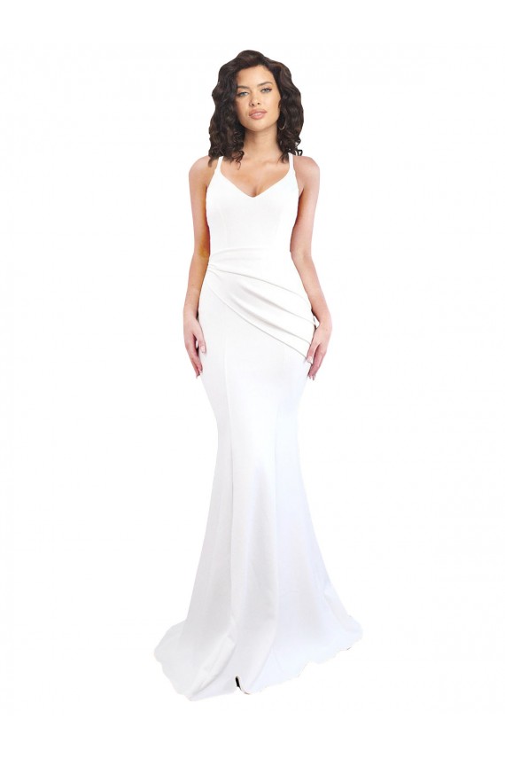 Discount Fishtail Shape Spaghetti Straps Open Back Formal Crepe Bridesmaid Dress / Prom Dress with Ruffles