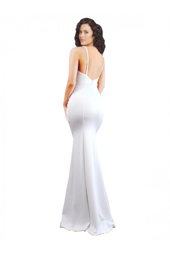 Discount Fishtail Shape Spaghetti Straps Open Back Formal Crepe Bridesmaid Dress / Prom Dress with Ruffles