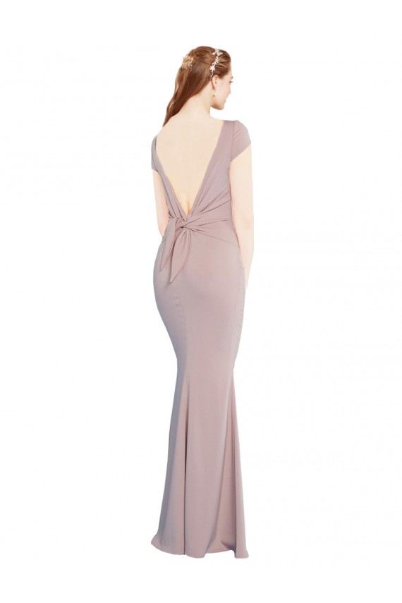 Discount Boat Neck Cap Sleeve Formal Crepe Bridesmaid Dress / Prom Dress with Plunging Tie Back