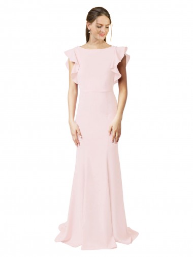 Discount Low V-Back Long Mermaid Crepe Bridesmaid Dress / Prom Dress with Ruffled Sleeves