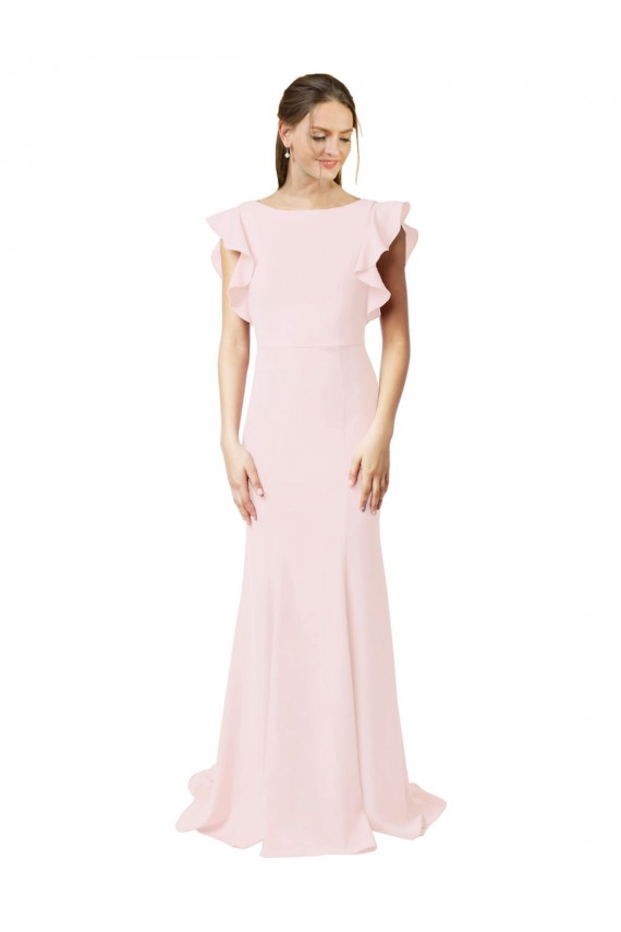 Discount Low V-Back Long Mermaid Crepe Bridesmaid Dress / Prom Dress with Ruffled Sleeves